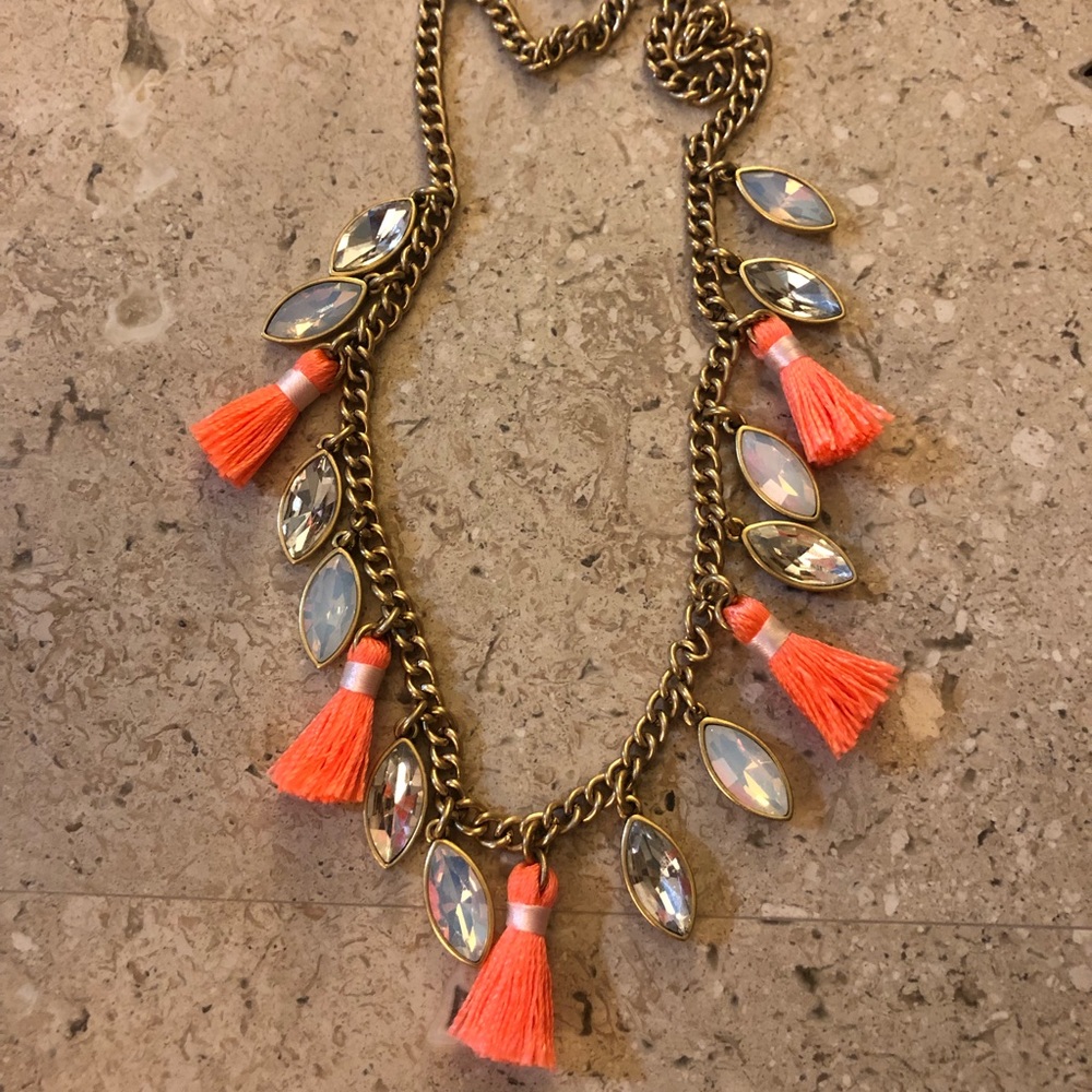 JCrew neon orange tassel necklace